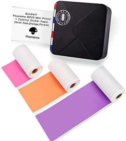 Преносен термички печатач Phomemo M02S- Bluetooth мини фото-печатач со 3 ролни шарена хартија за налепница, компатибилен со iOS + Android за план