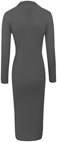 Oplxuo женски долг ракав со ребрави џемпер фустан лапел v-врат тенок вклопување колено должина миди фустан мода каросерија пулвер фустани