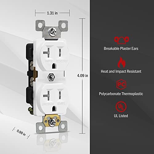 Енерлити Дуплекс садови за садови, отпорни на тампер, комерцијална оценка, 20А 125V, само-заземјување, 2-пол, 3-жици, 5-20R, наведени UL,