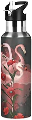 Глафи ​​Фламинго афион цвеќиња шише со вода, шише со вода од 32 мл со слама капаче изолиран не'рѓосувачки челик, за спорт, одење,