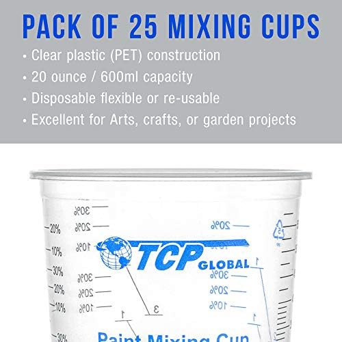 TCP Global 20 унца Флексибилни чисти постепени пластични чаши за мешање - кутија од 25 чаши и 25 стапчиња за мешање - Употреба за