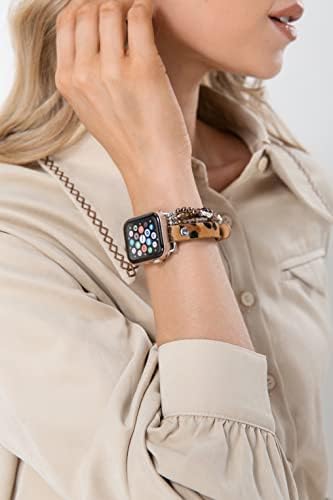 Bokiiwayed Beaded Watch Band Компатибилен со Apple Watch 38mm/40mm/41mm/42mm/44mm/45mm/49mm-Премиум Ремен За Часовници Од Вистинска Кожа - Нараквица За Гледање Тенок Леопард За Паметен Часовник-Ком?