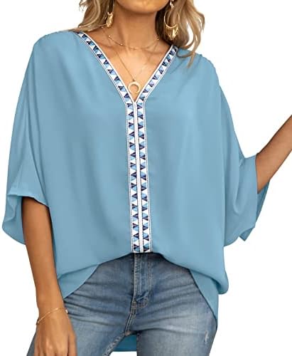 Graphински маици на Nokmopo Graphic Tees цврста боја крпеница ракав v-врат за кратки ракави блузи блуза врв