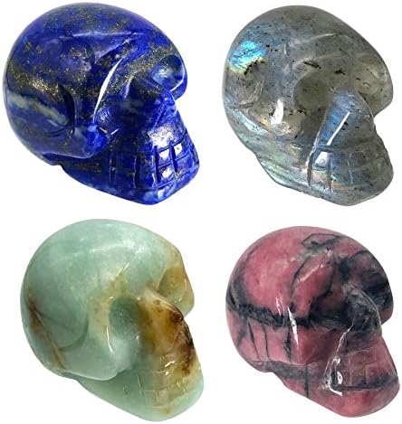 Fekuar 4pcs Природна лапс lzuli & ite & Rhodonite & White labradorite hand redated камен човечки череп статуа фигура за декорација на забавата на вештерките, 1 “