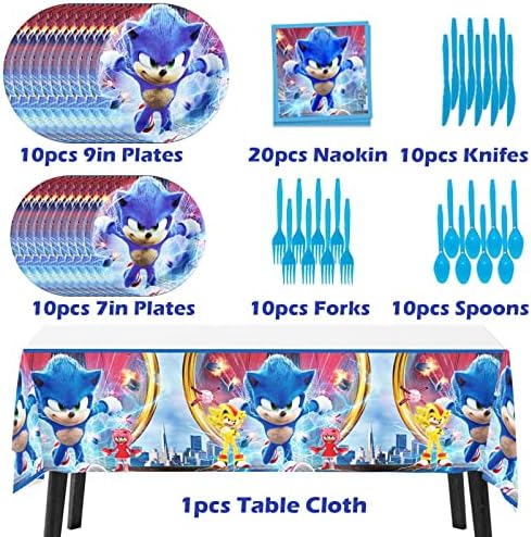 Снабдувања за роденденска забава - Ново ажурирање 71 парчиња Декорации со Sonic Party вклучуваат плочи, салфетки, чаршав за