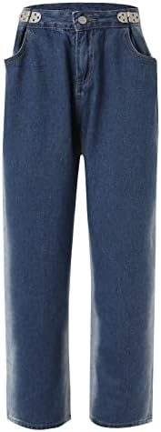 Женски панталони обични широки фармерки со нозе со високи половини со долги панталони мода момче буги панталони со џебови