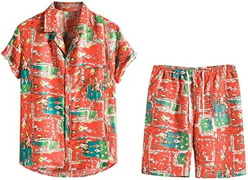 Нархбург машки цветни тренерки мажи Хавајска кошула и кратки облеки од 2 парчиња поставува случајно копче надолу за одмор на плажа за одмор