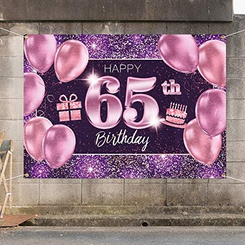 Пакбум Среќен 65-Ти Роденден Банер Позадина - 65 Декорации За Роденденски Забави За Жени-Розова Виолетова Златна 4 x 6ft