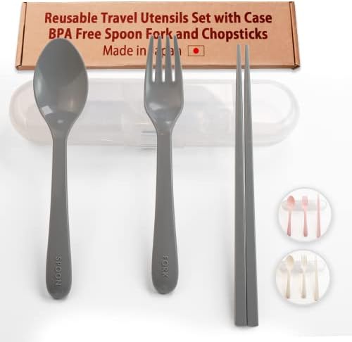 Претставни преносни прибор за патувања со кутија - БПА бесплатна цврста пластична вилушка, лажица и стапчиња за јадење со случајот,