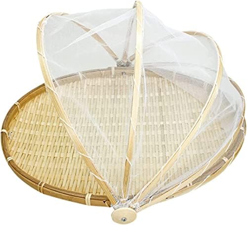 Ytcykj bamboo што служи корпа за шатори за храна, рачно ткаена овошна корпа - мрежна овошна корпа со покривка, тркалезна корпа за пикник