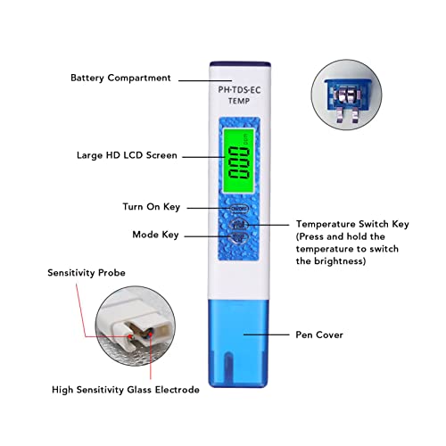 Тестер за квалитет на водата, pH мерач EC Temp стакло Електрода широк опсег на тестирање Висока чувствителност Брз одговор за дома