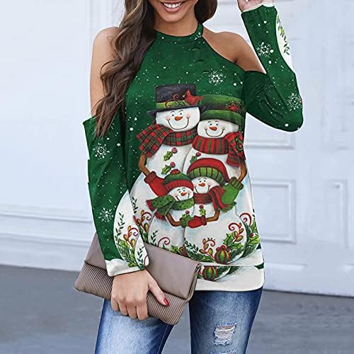Christmasенски Божиќ лабава ладно рамо врвовите на рамото, запрскана вратот, исфрлени од кошули со долги ракави, графички маици блузи