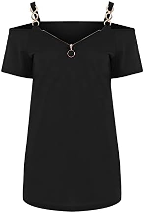 Женски ладно рамо маица модна цврста боја метална ланци каипер zipper v-врат кратки ракави за блуза блуза блуза врв