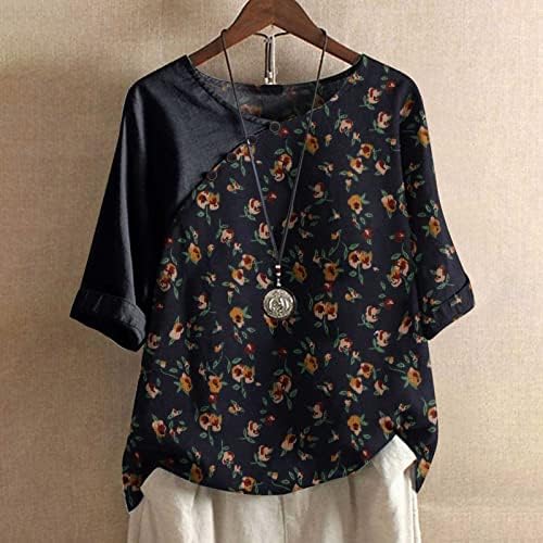 Памучни постелнини врвови за жени блуза со кратки ракави гроздобер цветни печатени екипи маички лето лабава графичка кошула врв