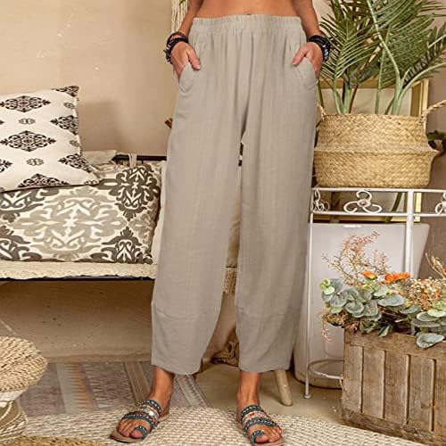 Лабави права џебови еластични панталони за половината женски памучни постелнини случајни цврсти панталони плус големина долга панталона улична
