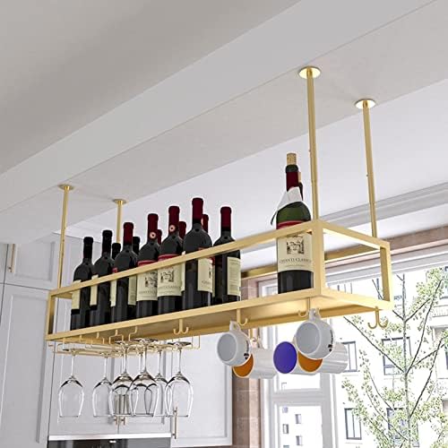 Дреани висат решетка за вино метално таванот држач за шише, држач за складирање на вино за декорација со стаклена полица за стакло, ентузијасти за вино метална чаша