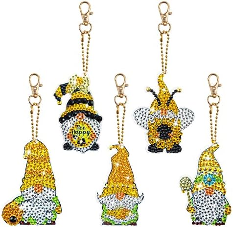 5d DIY дијамантски сликарски клучеви комплет, пчела бајка gnome дијамантска уметност украсен ланец, ланец на клучеви за клучеви за