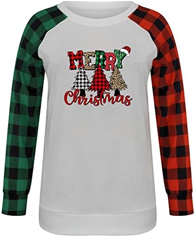 Божиќни кошули за жени Смешна елка елка маица блуза со двојно-тон со долги ракави карирани џемпери