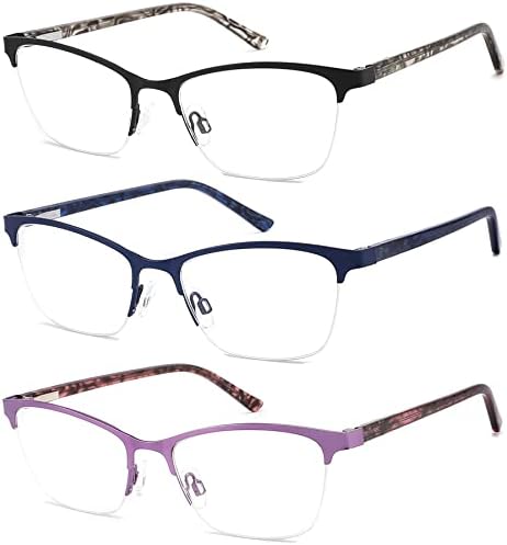 Hotjojo 3 пакувања за читање очила за жени, метална половина рамка за блокирање на сина светлина, читатели на компјутер, филтрирајте ги UV Ray/Glare/Blue