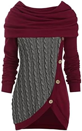 Женски долги ракави врвови симпатични асиметрични џемпери од туника, обичен квадратен врат лесен пуловер џемпер