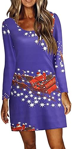 Womenените со долги ракави маица фустан Божиќно печатење на обични екипаж на вратот Основни фустани обичен едноставен замав лабав фустан од туника