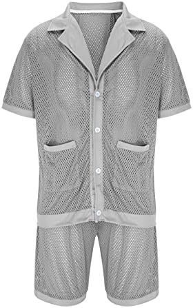 Машка кардиганска костум тенок мрежен плетен кошула со кратки ракави од шорцеви костуми за спортски одмор на одмор на врвни шорцеви