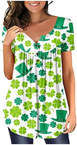 Денот на Свети Патрик, женски цветни печатени кратки ракави, Хенли против вратот маица, плетени обични блузи со блуза од туниќ, врвови