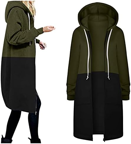 Женска боја блок -цртање јакна топло патент отворено дуксери за џемпери долги палто мода случајна надворешна облека руно патент нагоре
