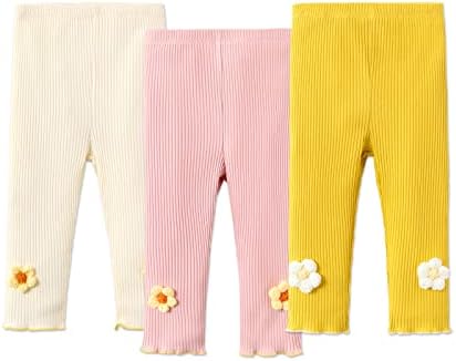 Патпат бебе девојче плете памучни цветни панталони цврсти хеланки во боја 3 пакувања 3-24 месеци
