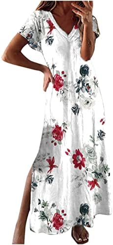Фрагрн Хавајски фустан од сонце, женски летен лесен лабава долга кратка ракав В-врат печатен фустан