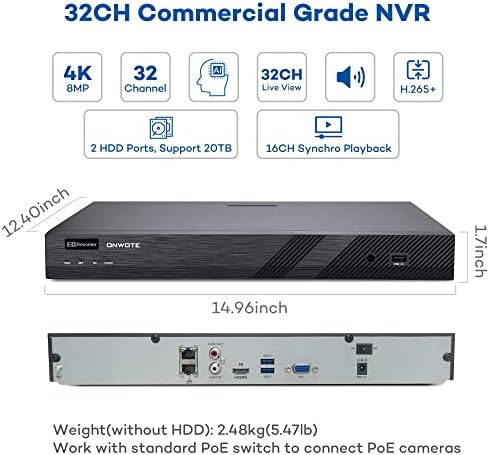 ONWOTE 32 Канал H. 265 4K 8MP Poe Безбедност NVR Видео Аудио Рекордер, Поддршка 4K, 5MP, 4MP, Мулти-РЕЖИМ Снимање, БЕЗ Хард Диск,