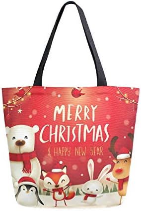 Божиќни животни Поларна мечка лисица пингвин зајаче и црвена кардинална птица зимска платно торба за жени за жени патуваат работа